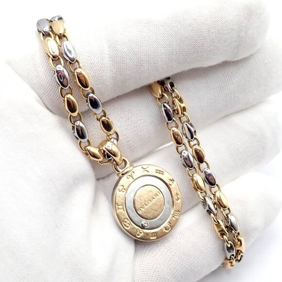 Authentic! Bulgari Bvlgari 18k Yellow Gold Steel Diamond Zodiac Pendant Necklace - Picture 8 of 16